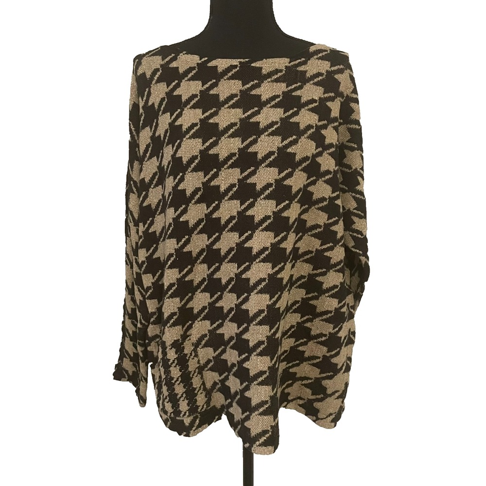 NWT J. JILL Sz XLP Sweater Black Tan Houndstooth Dolman Long Sleeve Knit Cotton